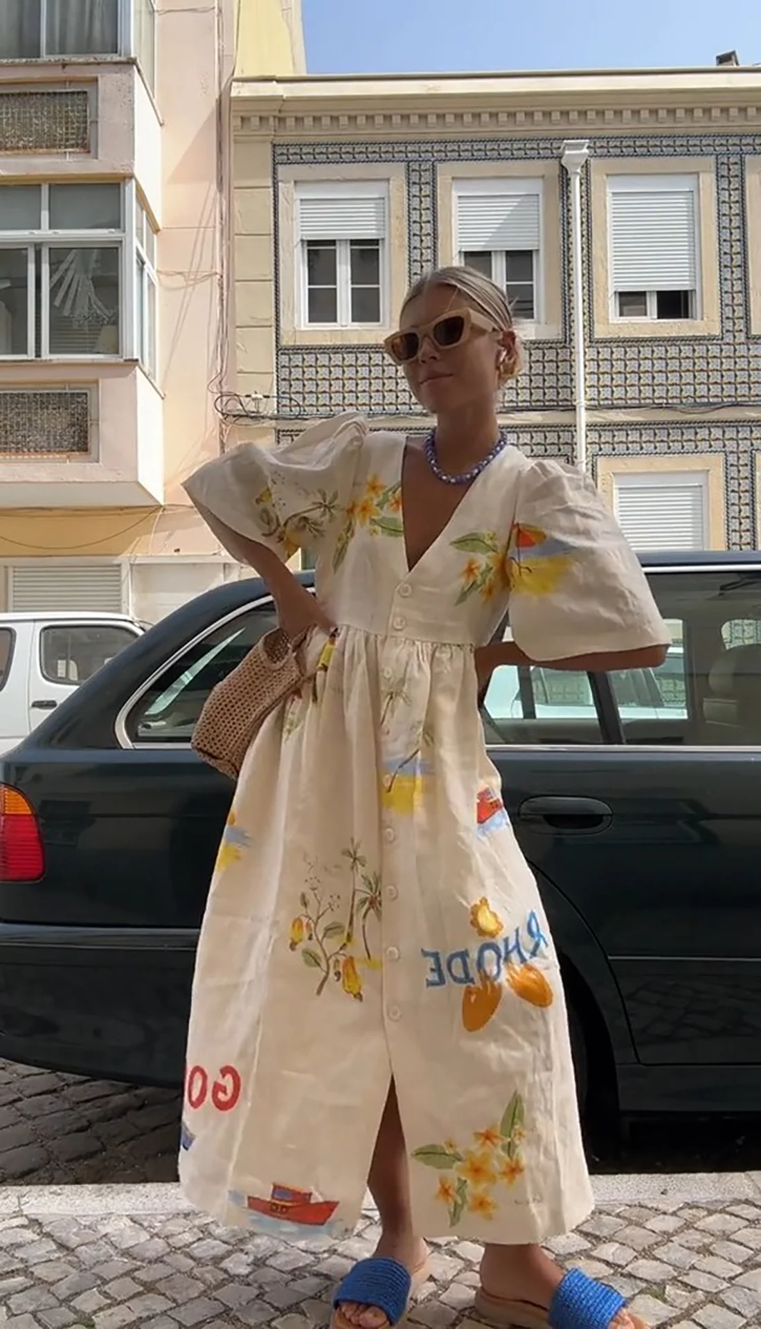 Elegant Printed Dress Women V Neck Puff Sleeve Loose Midi Female Dresses 2024 Summer Holidays Casual Lady Beach A-Line Vestidos