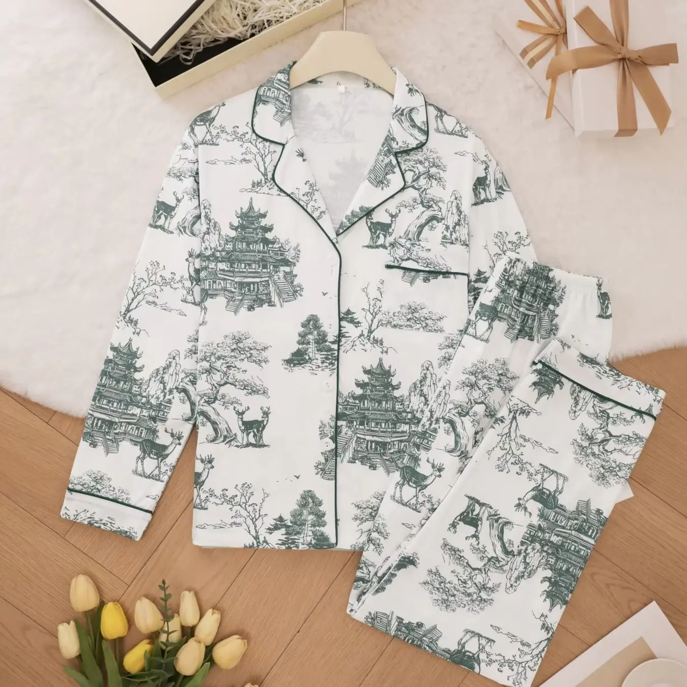 Cute Womens Pajamas Set Floral Print  Fresh Style Notch Collar Long Sleeve Lounge wear  Comfy Homewear Pajama Outfit