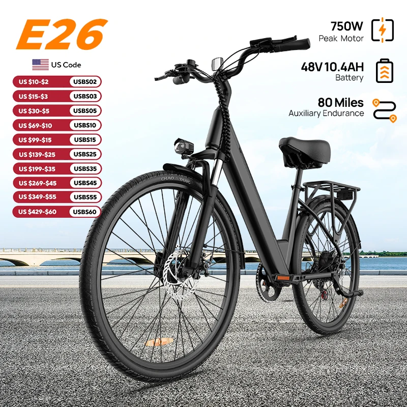 Bicicleta eléctrica Peak 750W E26 para adultos | Batería extraíble de 48 V, 10,4 Ah, velocidad máxima de 20 MPH, neumático estándar de 26''X2", 7 velocidades