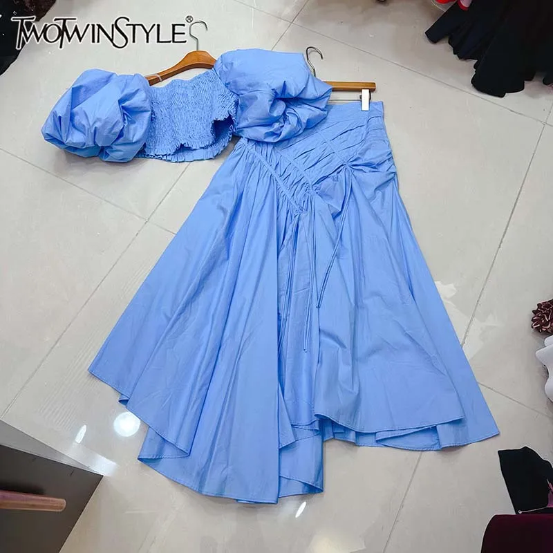 

TWOTWINSTYLE Folds Slimming Two Piece Sets For Women Slash Neck Puff Sleeve Top High Waist Skirt Elegantn Set Female KSE544874