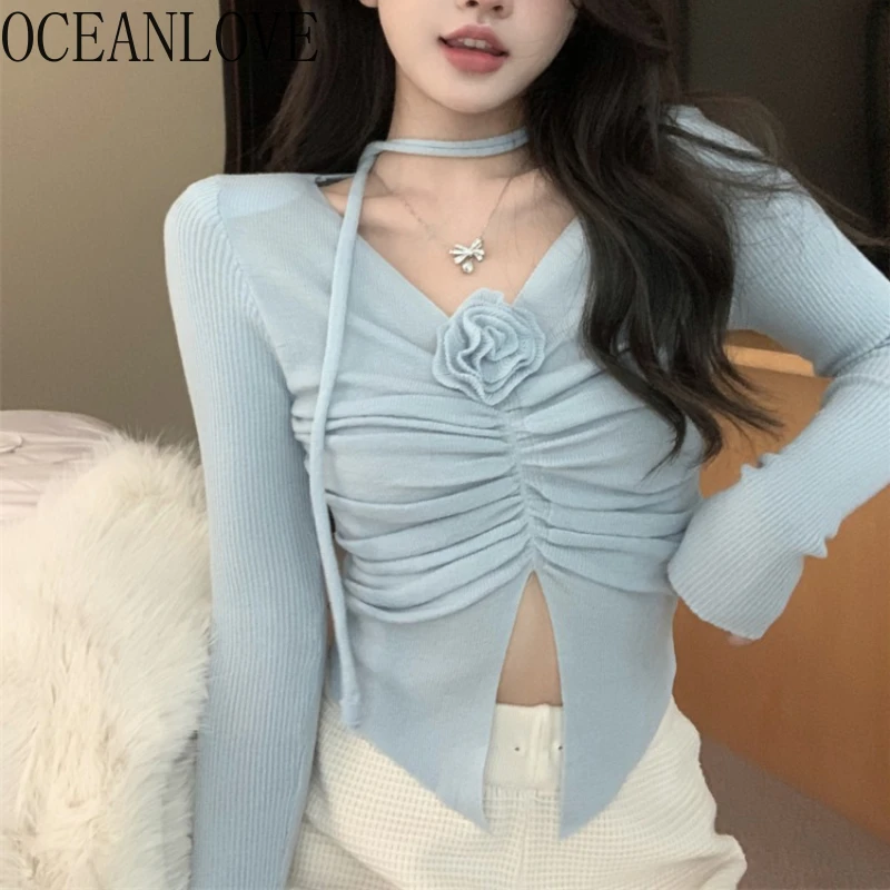 OCEANLOVE French Style Flowers T Shirt for Women Spring Autumn V Neck Elegant Ropa De Mujer Korean Fashion Sweet Short Tees