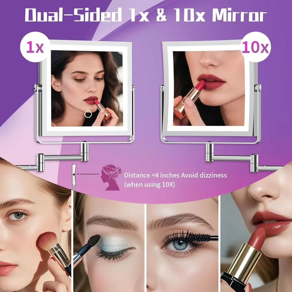 Beleuchteter doppelseitiger Schminkspiegel mit 4000 mAh Akku, 360 °   Rotation, 3 Lichtfarben, Touch-Dimmbar und 1X/10X Magnifica