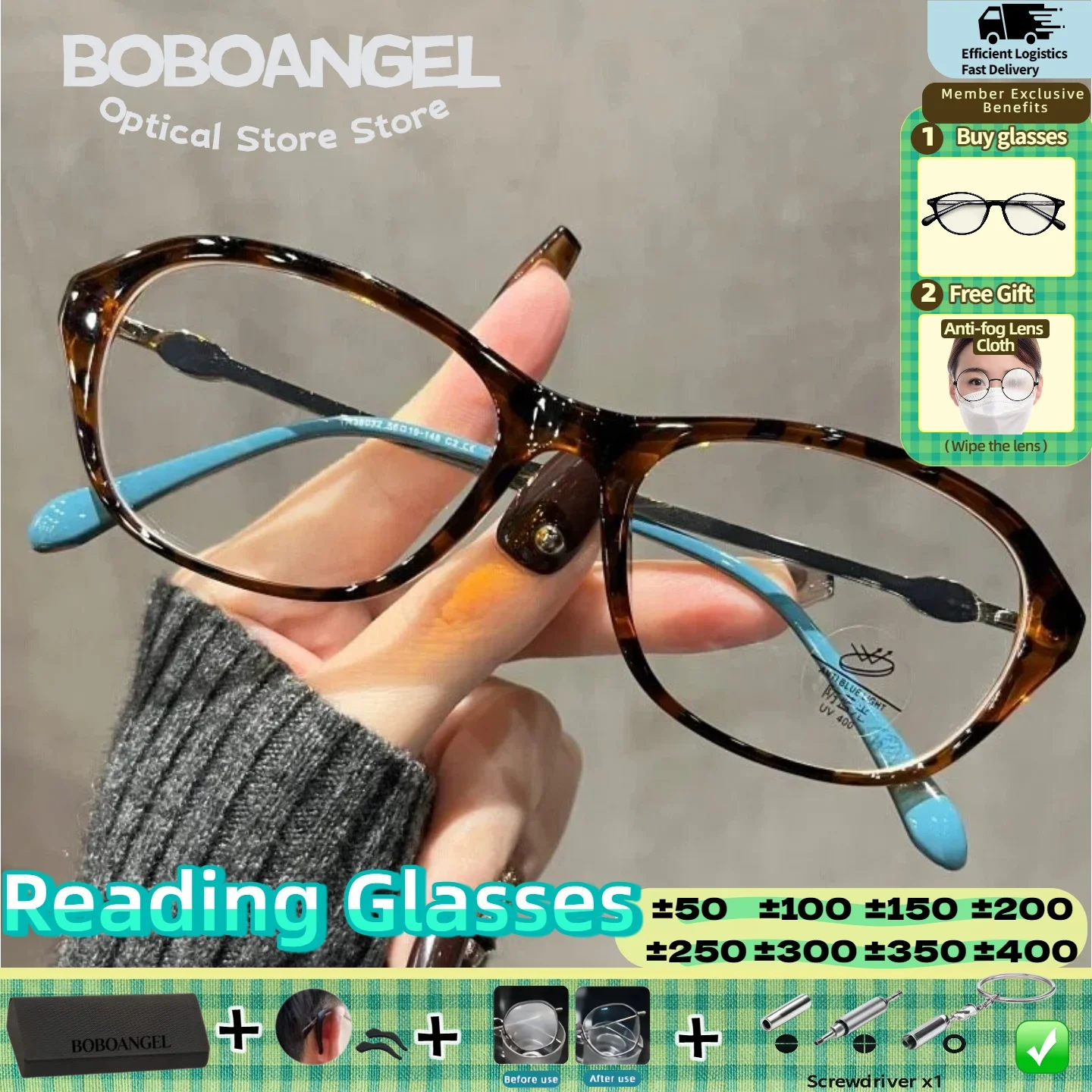 

BOBOANGEL Women Anti Blue Light Customized Progressive Eyeware Currents Style Oval Frame Myopia Prescription Reading Glasses