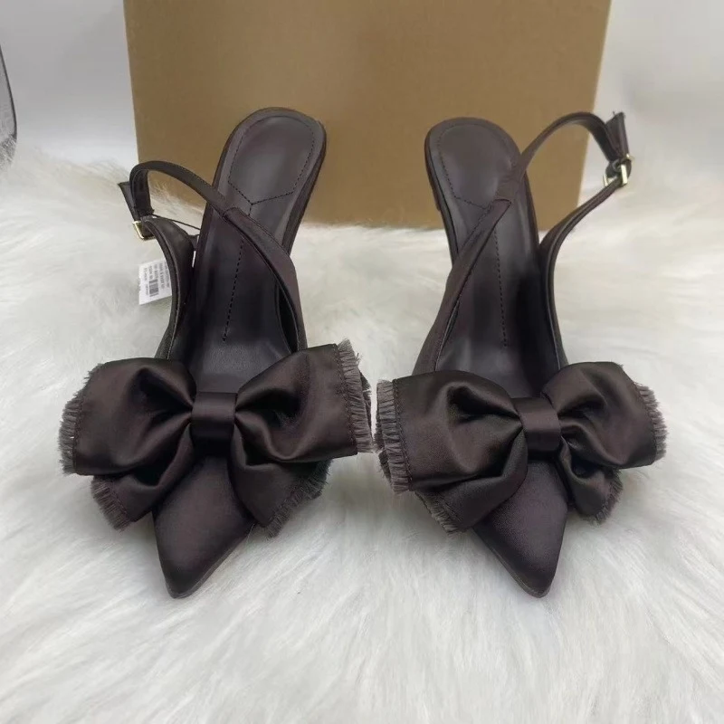 الساتان Bowknot عالية الكعب النساء أحذية الزفاف أشار تو مشبك حزام العلامة التجارية الفاخرة مصمم فستان الحفلات الإناث Slingback مضخات #3