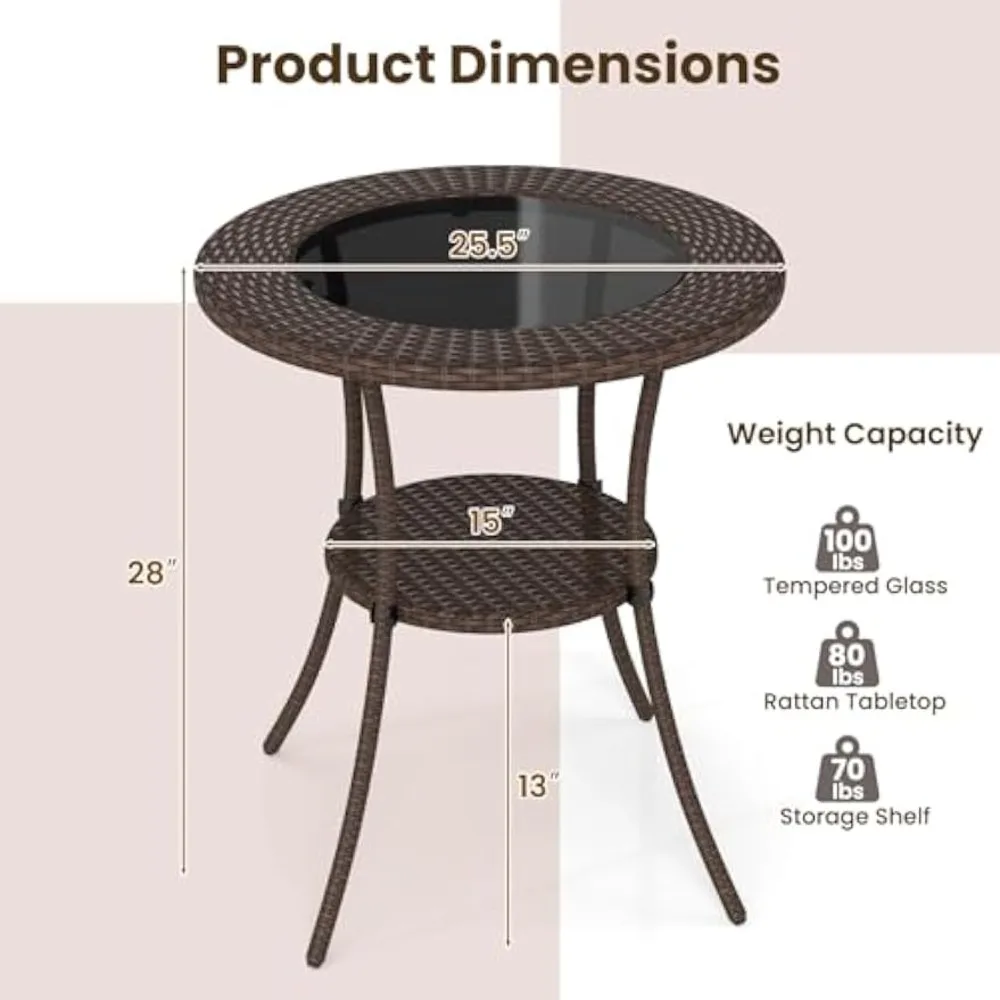 25.5" Wicker Patio Dining Table, Outdoor Round Bistro Side Table with Tempered Glass Top and Storage Shelf,