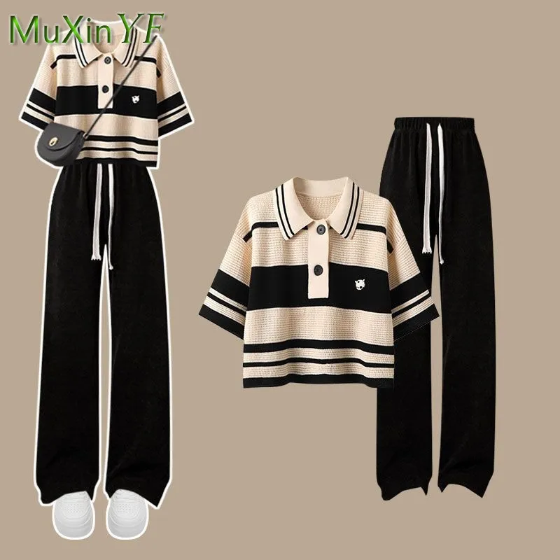 Women\'s Summer Pants Set 2024 New Vinatge Knitted Short Sleeve Top Pants Two Piece Korean Elegant Stripe Blouse Matching Set