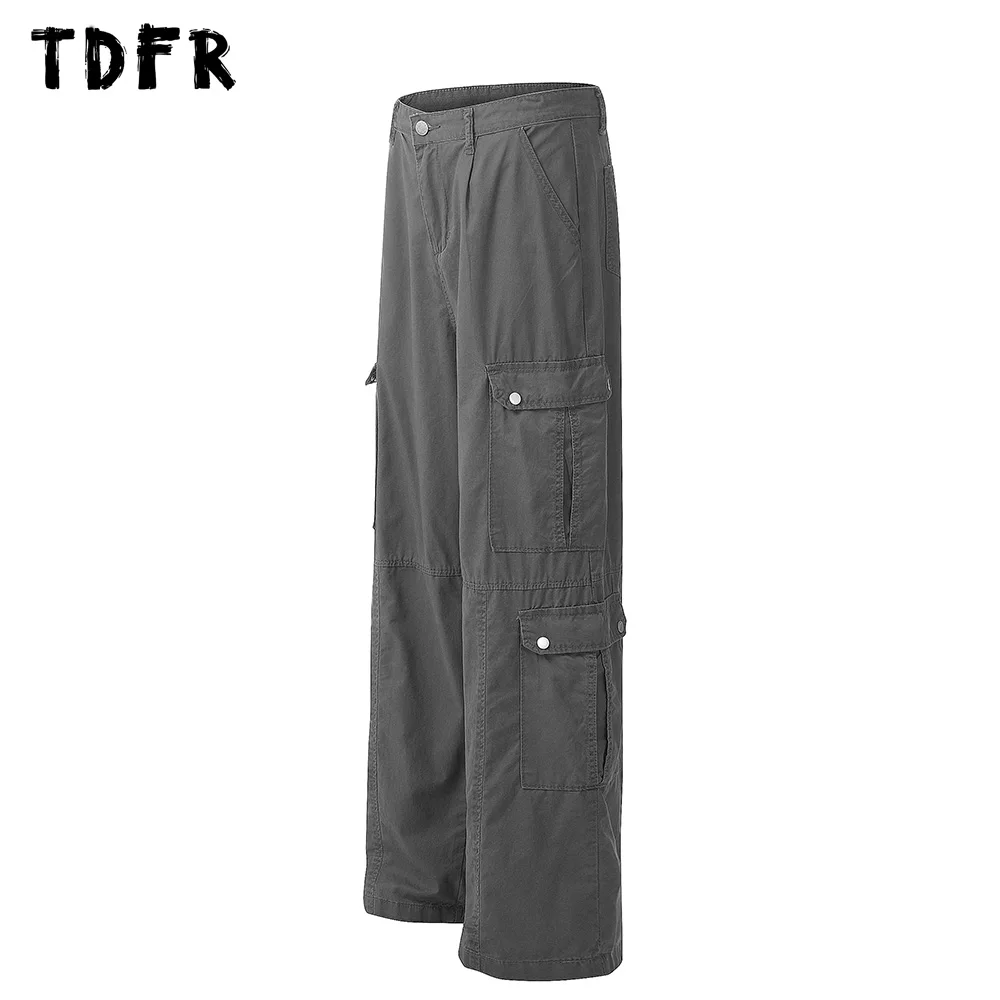 Multi-Pocket Cargo Pants Mens Safari Style Casual Loose Straight Wide leg Solid Color Trousers Men