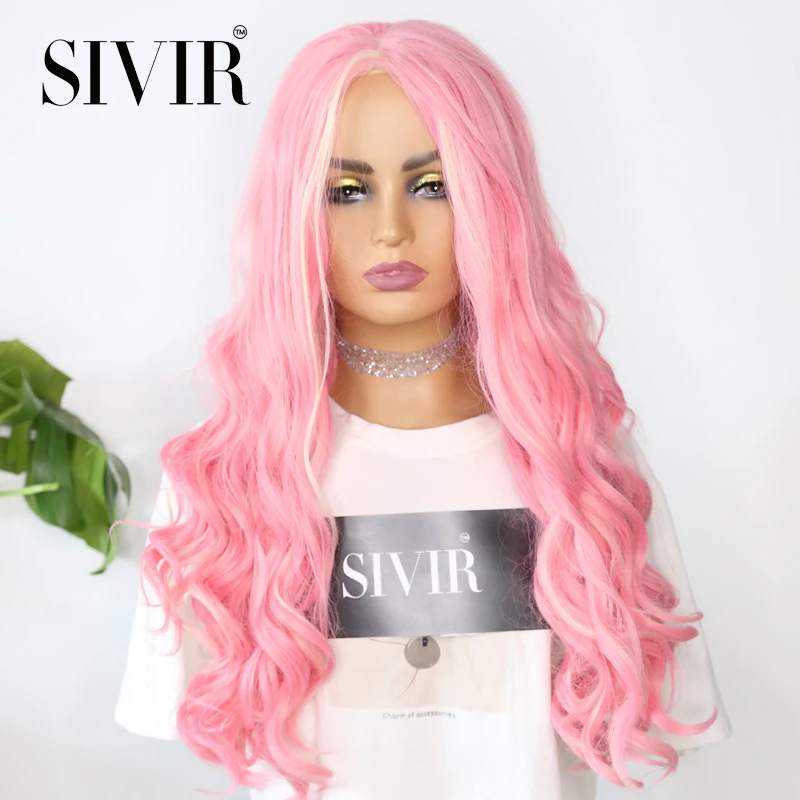 Sivir Synthetic Lace Wigs For Women Long Wavy Middle Parting Purple/Red/Pink Wig High Temperature Fiber Cosplay/Daily