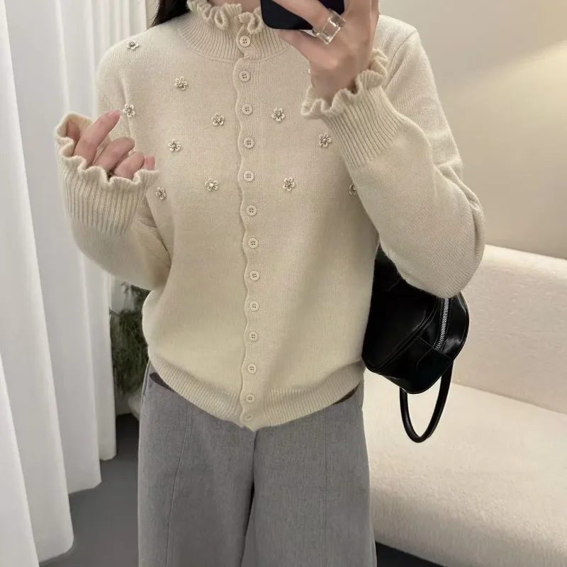 Women Ruffle Collar Beaded Flower Knit Cardigan Soft Loose Winter Long Sleeve Sweater Top