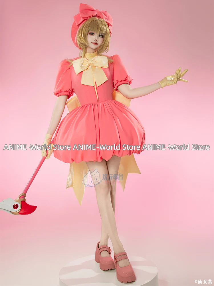 Women's Card Captor Sakura Cosplay Costume Kawaii Pink Dress with Bowknot and Gloves