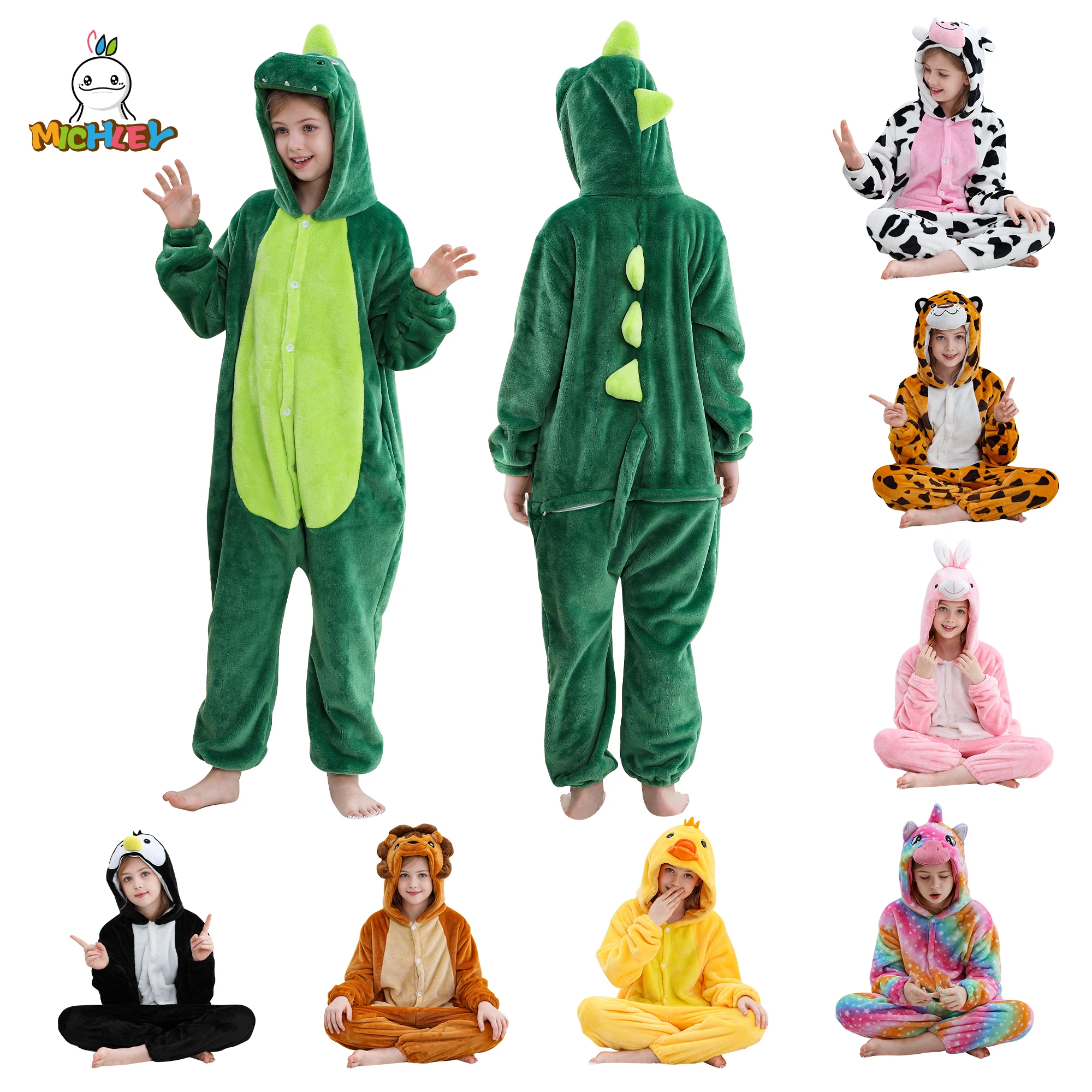 MICHLEY-Pijama de franela de dinosaurio para niños y niñas, ropa de dormir, mono, Onesies, ropa de dibujos animados de animales, invierno,