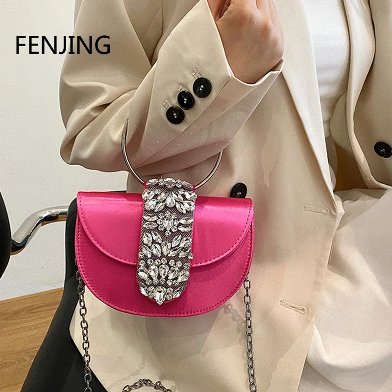 Shiny Rhinestone Half Round Satin Handbags Bags Women Elegant Metal Ring Handle Evening Clutch Purse Wedding Party Shoulder Bags