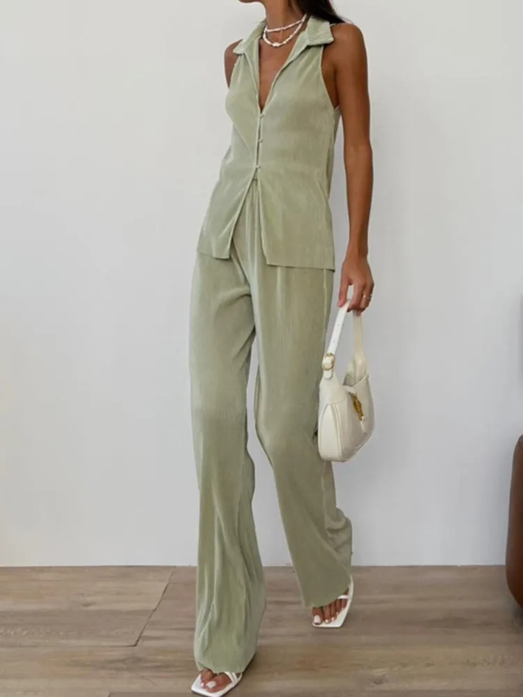 

Elegant Chic Pants Set For Women 2025 Summer Casual Sleeveless V Neck Button Ribbed Vest+High Waist Pants Two Piece Sets Outfits