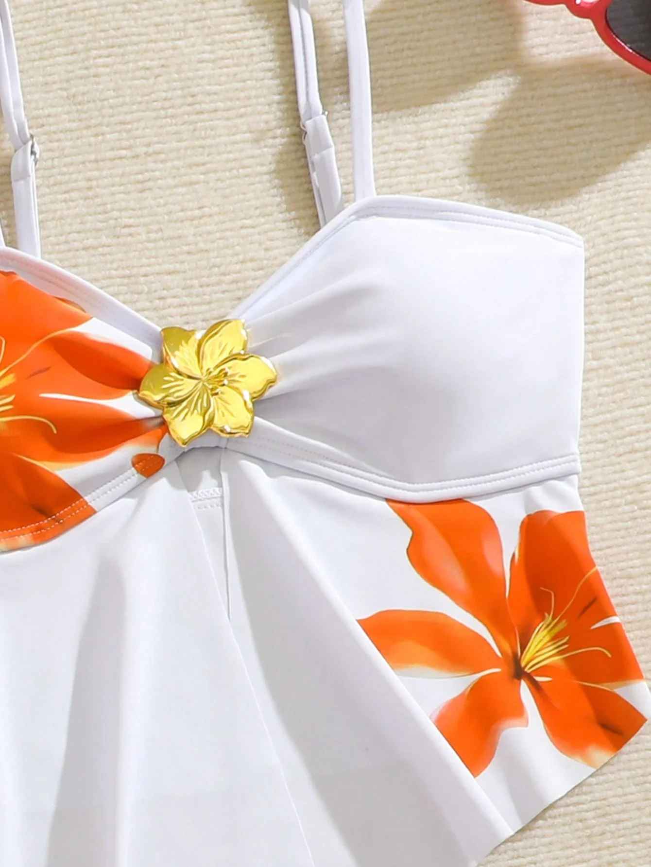 

Women 3 Piece Orange Floral Print Bikini Set With Cover Up