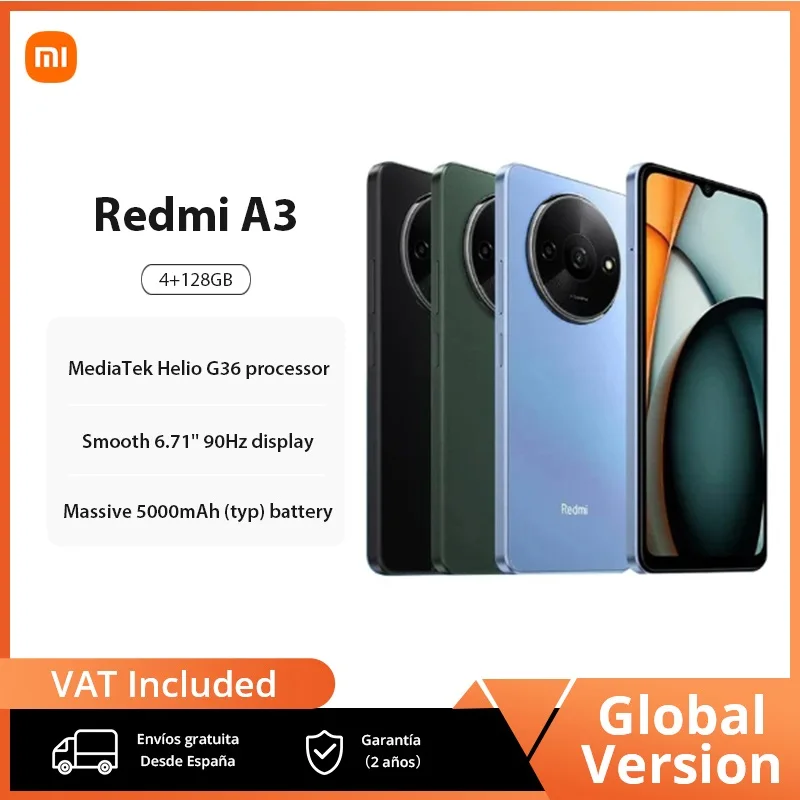 Xiaomi-Smartphone Redmi A3, versión Global, Mediatek Helio G36, pantalla Hd de 6,71 pulgadas, cámara Dual, batería de 5000mah, carga rápida de 10w