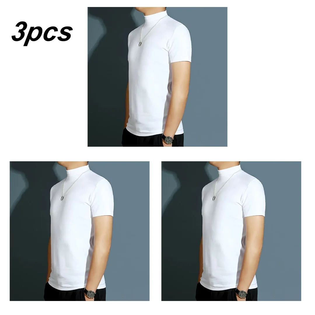 3pcs Men's Half High Collar T‑Shirt Mock Neck Thin Breathable Fitness Elastic Pullover Slim Fit Solid Daily Wear Basic Tee