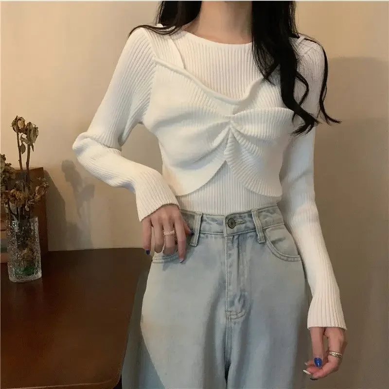 

New Fake Two Piece Spring Pullovers Women Harajuku Popular Knitting Simple Elegant Knit All-match Trendy Casual Mujer Pure Color