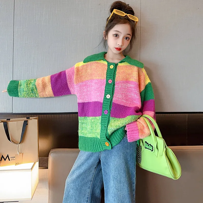 Casual cotton School Girl Rainbow Knit Cardigan Sweater Kids Single-Breasted Patchwork Long Sleeve Sweater Fashion Teen Clothes