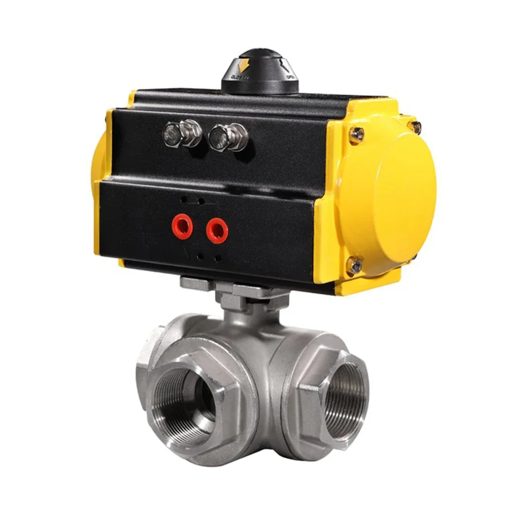 COVNA DN40 1.5  inch Three Way L Port 1000 WOG High Pressure NPT Threaded SS 304 Pneumatic Actuated Ball Valve