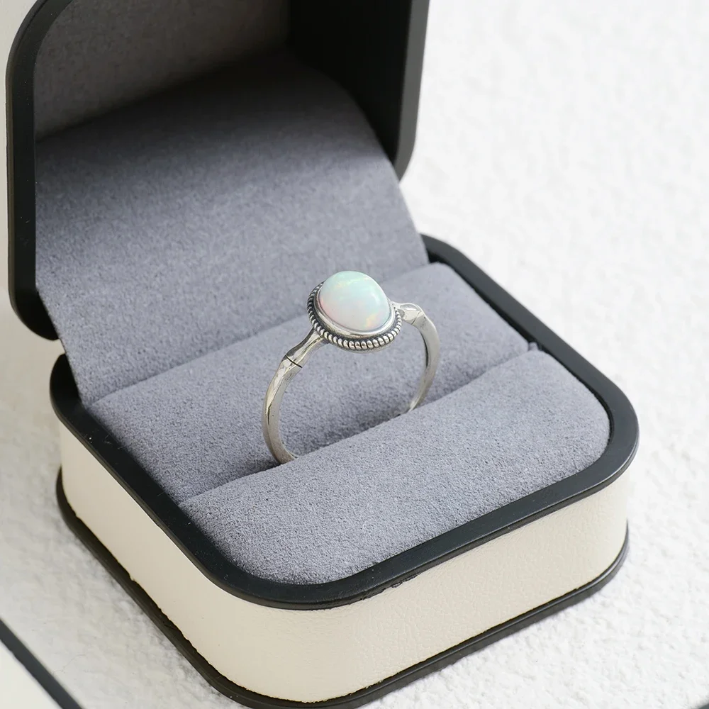 Vintage S925 Silver Ring Natural Opal Antiqued Bamboo Stackable Open Bands Adjustable Handmade Boho Jewelry Birthstone Gift