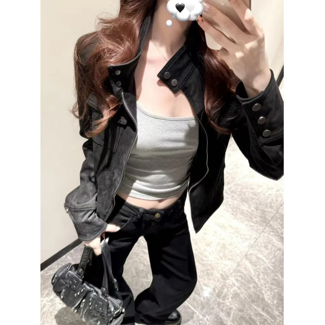 

Женский джинт из замши в стиле ретро, весна-осень 2025, новый свободный дизайн, повседневный джинт с воротником-стойкой, осень-зима, модный