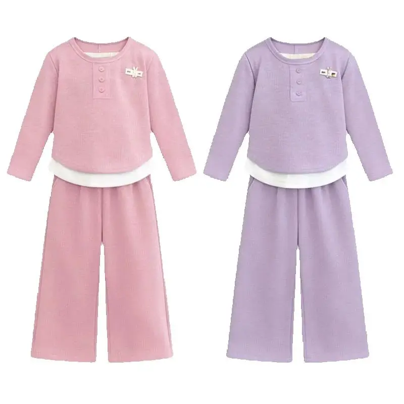 Children's Set 2026 Girls' Spring and Autumn Korean Edition Soft Sticky Fake Two piece Top+Wide Leg Pants Casual Set