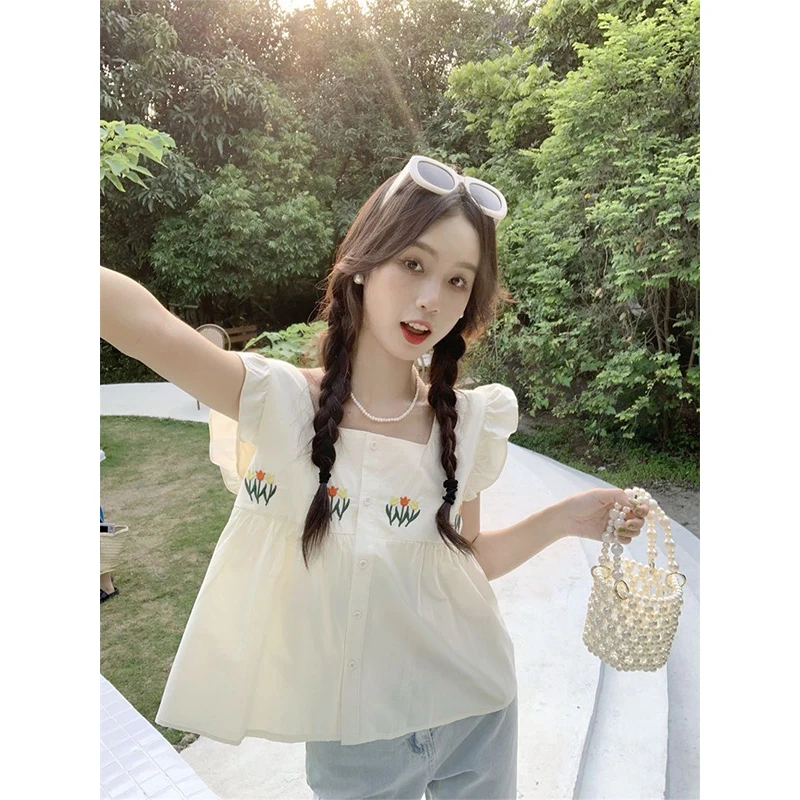 Women Summer Sweet Fashion Embroidered Square Collar Short Sleeve Shirts Women Clothes Casual All-match Appear Thin Trend Tops