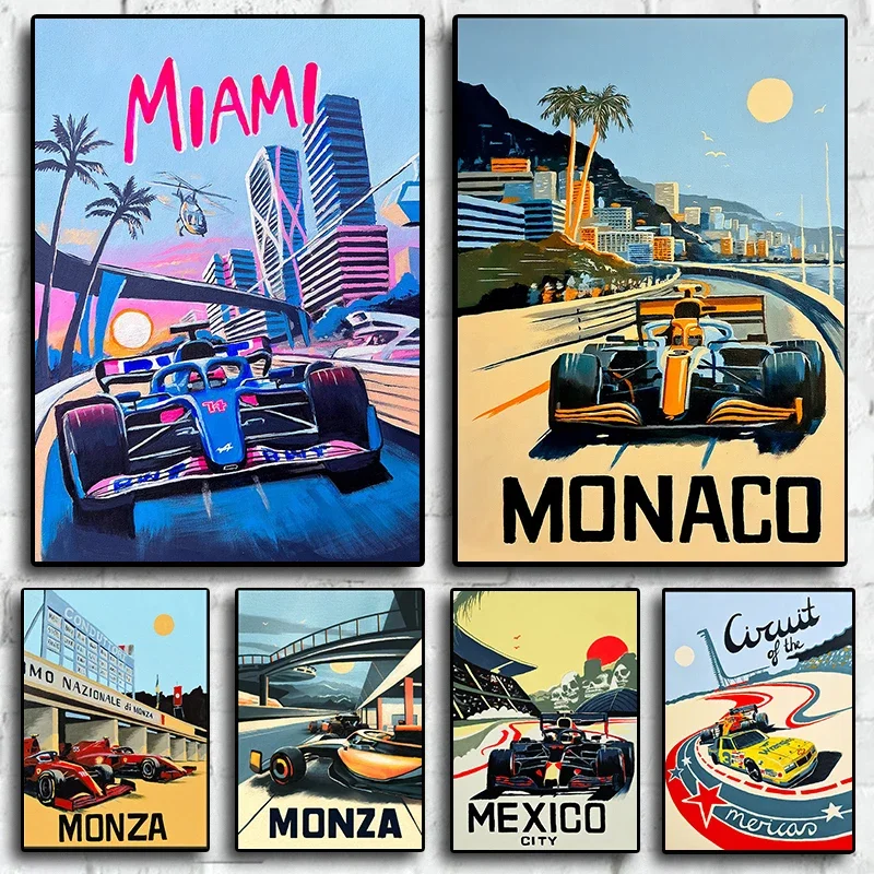 F1 Neon City Monaco Watercolor Racing Car Poster Canvas Print Wall Art Racer Posters Aesthetic Motorsport Decoration Room Decor