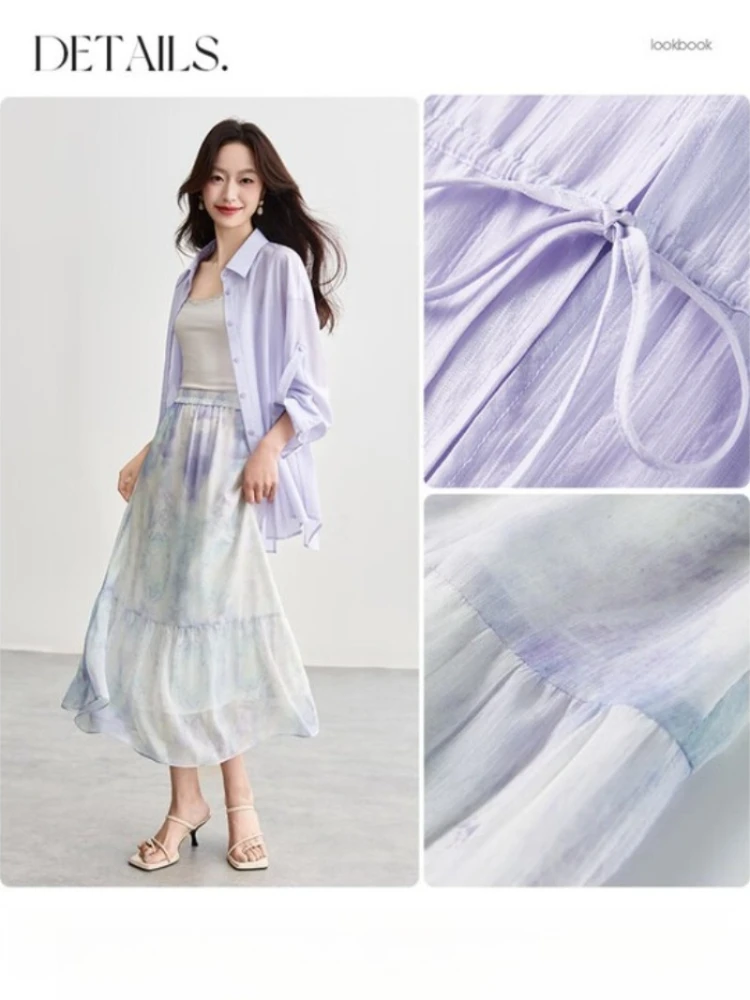 SENTUBILA Women Skirt Set Long Sleeve Button Turn-Down Collar Shirts And A-Line Printed Long Half Skirts Femal Clothes 152ZI2016