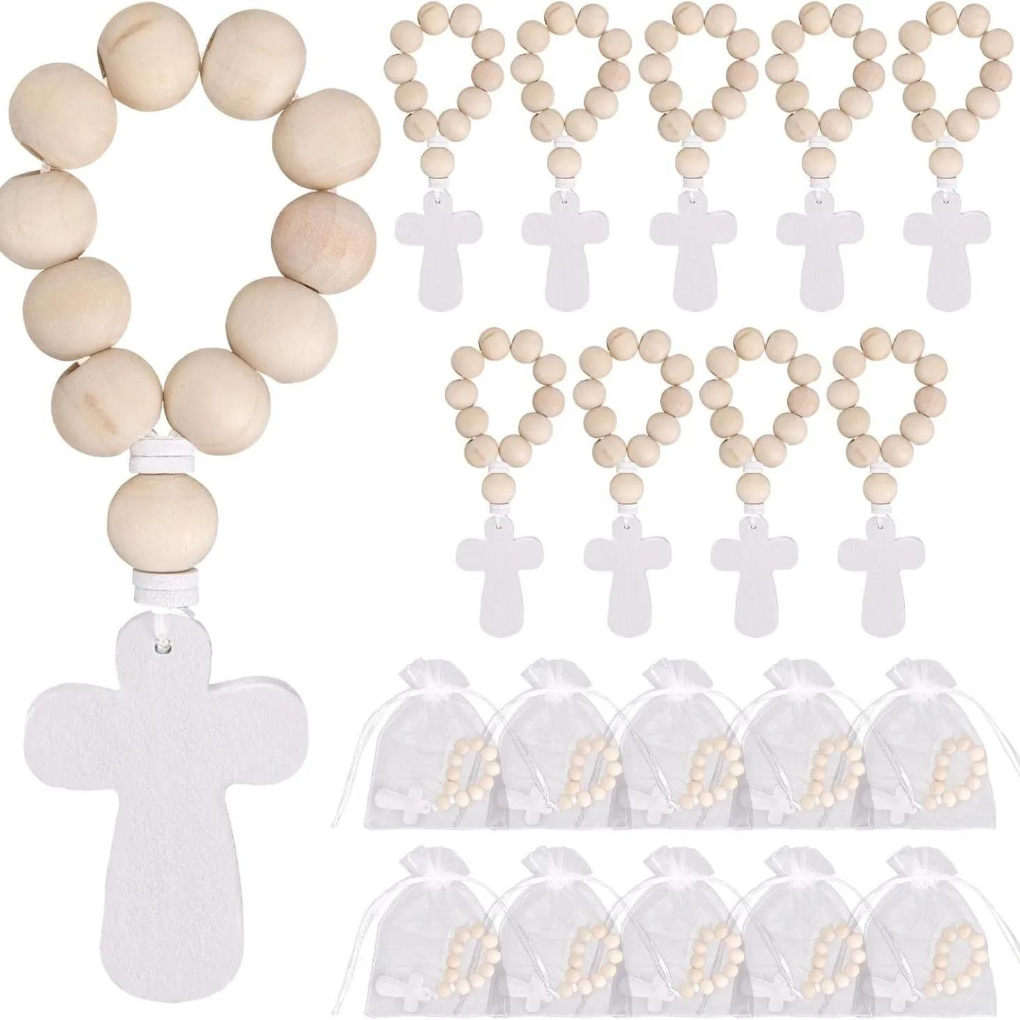 1/6/12PCS Wooden Rosary Wood Bulk Catholic with Crucifix Wooden Cross Pendant with White Mesh Bags for Baptism First Communion