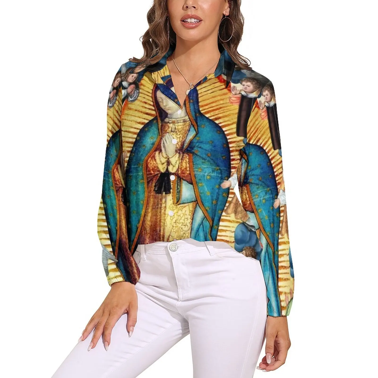 Virgin Mary And Angels Blouse Woman Our Lady of Guadalupe Street Wear Loose Blouses Long-Sleeve Retro Shirt Graphic Top Big Size