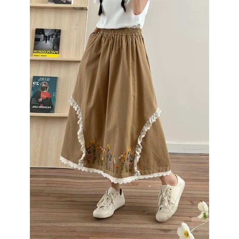 

Literary Retro Mori Style Splicing Women Half-body Skirt Lace Embroidery A-line Med-length Skirt Loose Casual Elastic Cute Skirt