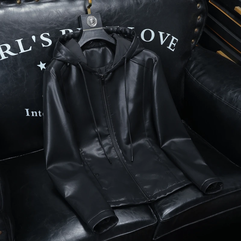 

2025 New Men's Leather Jaet ort Biker Sle Casual Top High Quali Faionable Youth Spring Autumn Long Sve Hooded