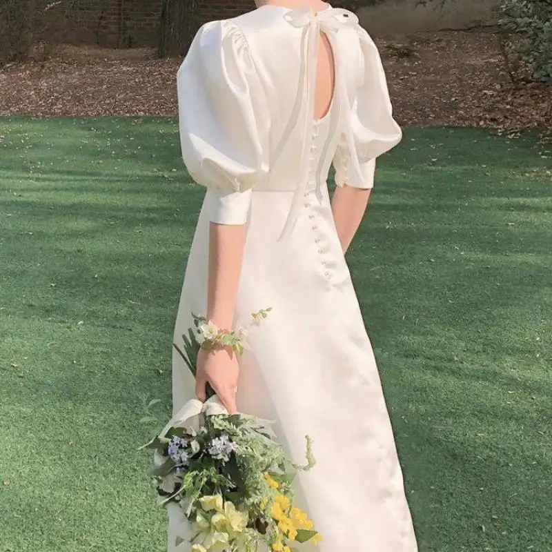 Sukienki Na WeselsDamskie-Robe de mariée en satin à col rond, manches bouffantes, longueur au sol simple, classique, nouveau, 2023