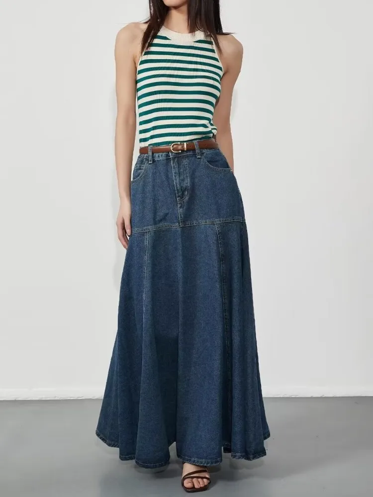 

GUUZYUVIZ High Waist Trumpet Mermaid Long Skirt Women Vintage Blue Denim A Line Jean Skirts For Ladies