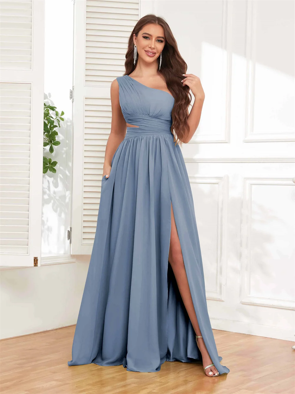 Vestidos de dama de honor plisados con un hombro, elegantes vestidos de noche formales sin mangas con abertura lateral y espalda descubierta, vestidos largos de baile de una línea