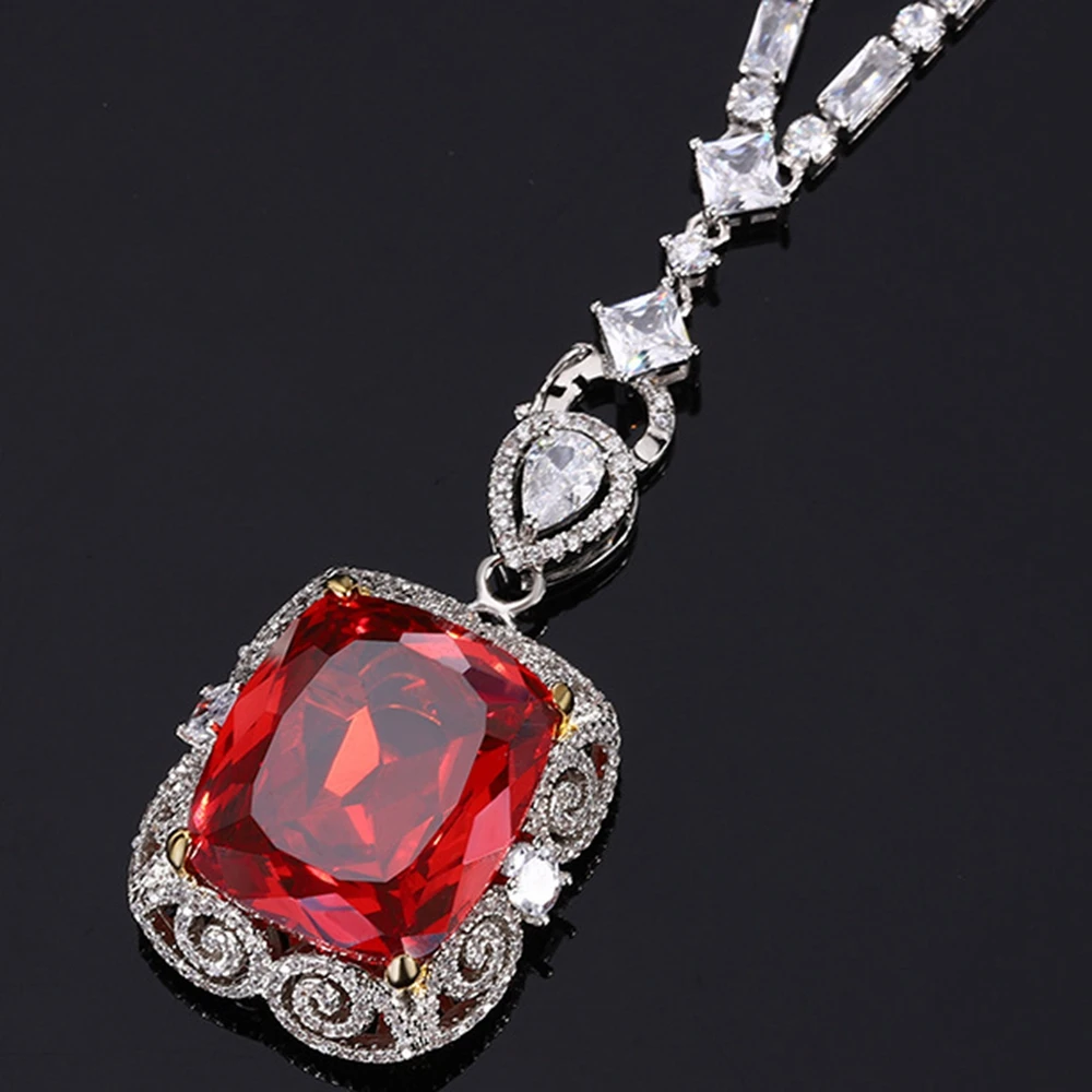 

KQDANCE Woman Lab Big Cushion Cut Gemstone Pendant For All-match CZ Diamond Tennis Chain Necklaces with Orange Red Stone Jewelry