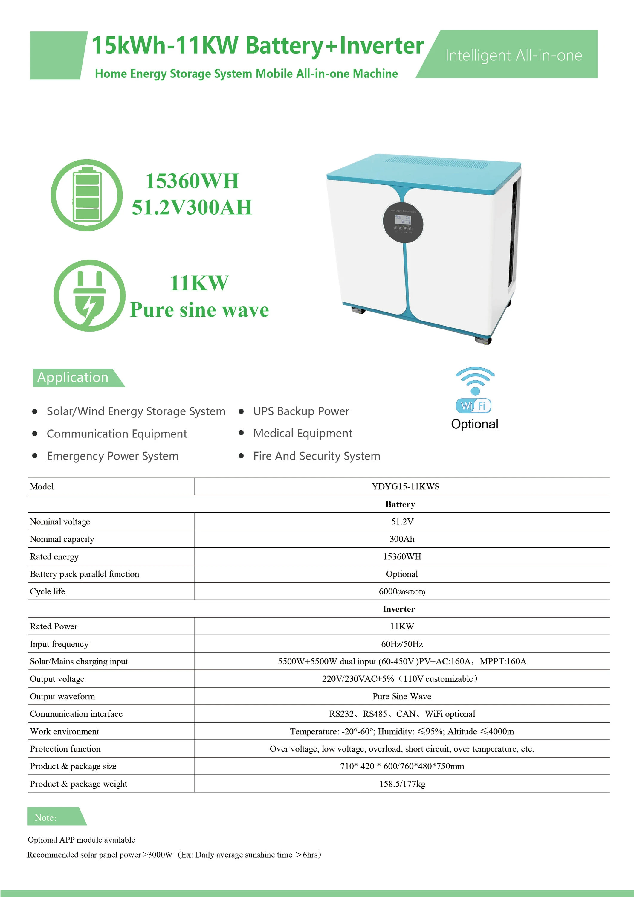 Pack 11KW Inverter Hybrid Home Energy Storage System 15kWh All in One Inverter and Lithium Battery 51.2V 300Ah LiFePO4 Battery
