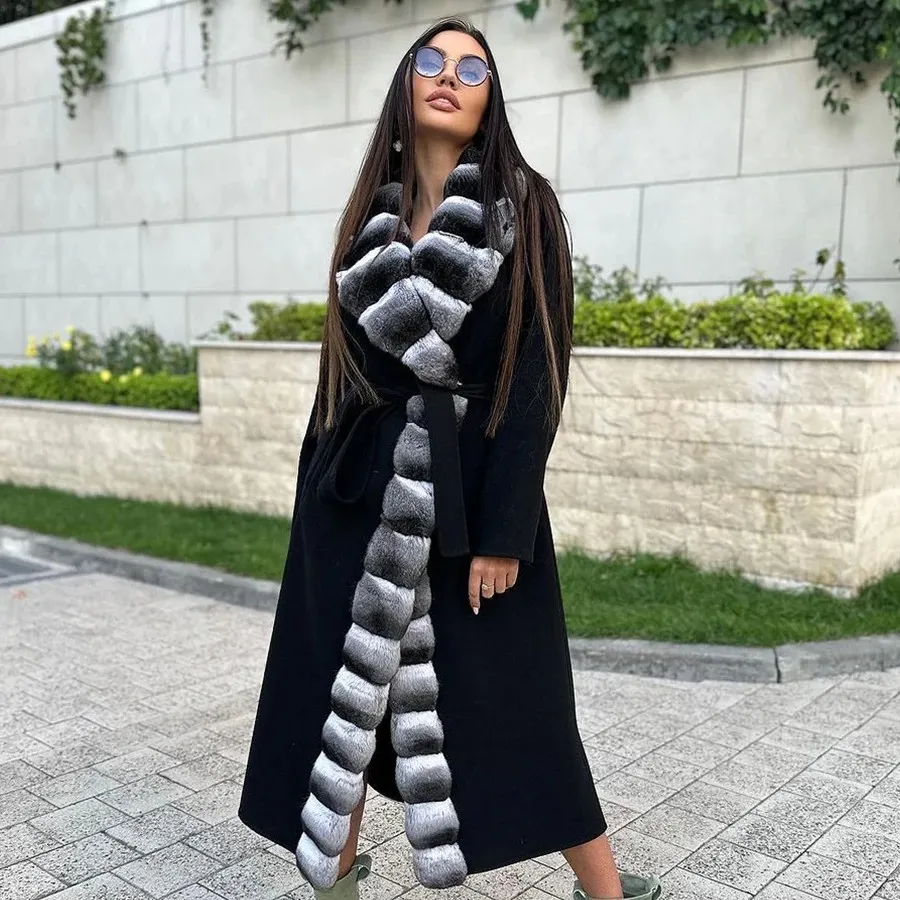 Echt Kaschmir Mantel Winter Wolle Mantel Frauen Lange Pelz Jacke Natürliche Rex Kaninchen Fell Colla Mode Warm