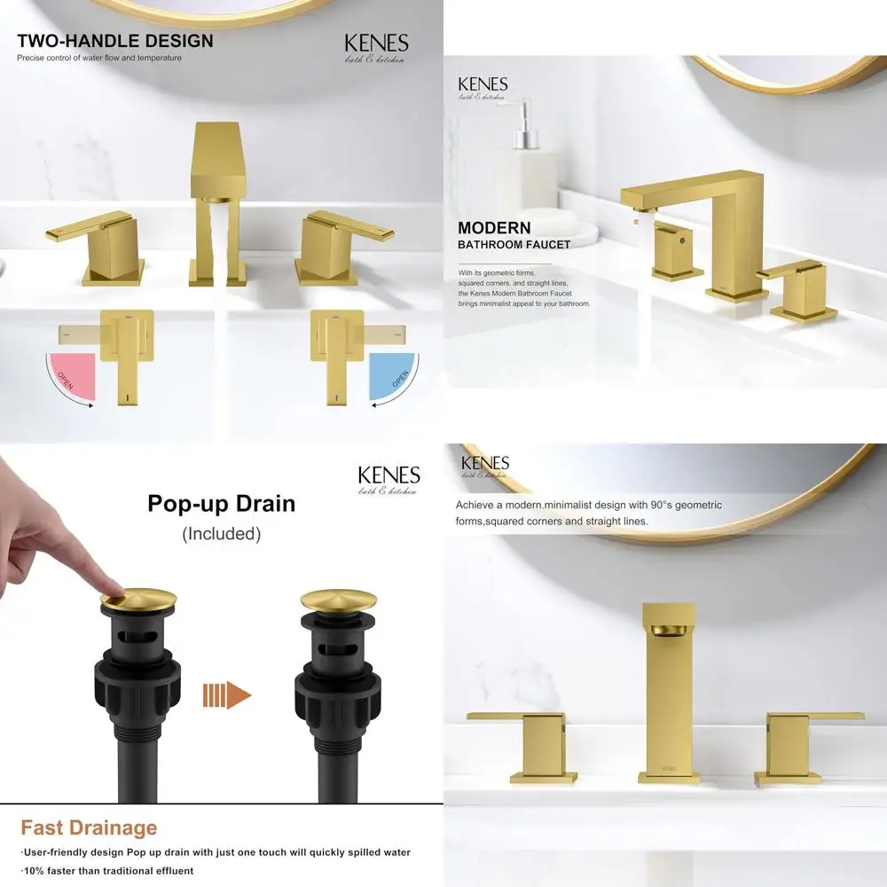 

Смеситель для раковины из матового золота с 3 отверстиями, 8 изливками, 2 ручками, выдвижным сливом и линиями подачи, KE-9050-4-P