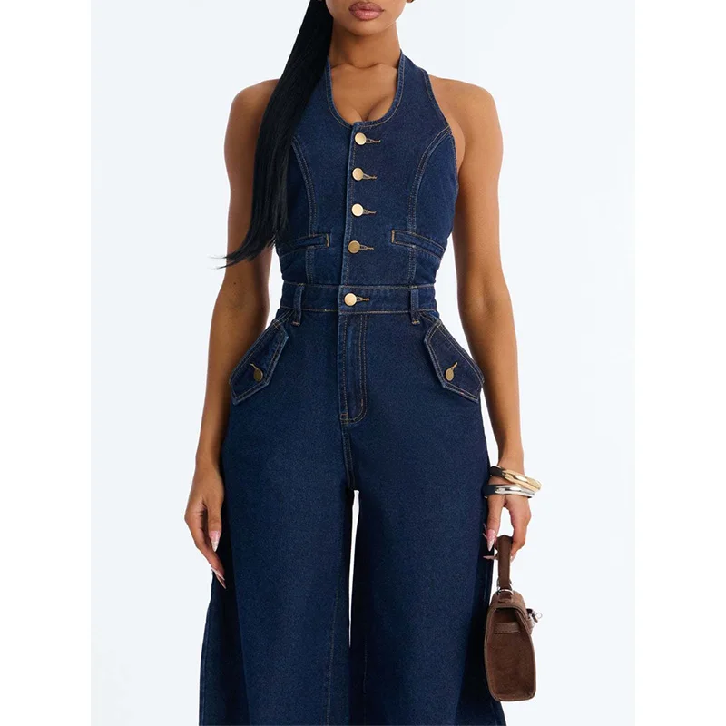 Picture 4: Slergiri Half Button Halter Denim Jumpsuit Women Fashion New 2026 Summer Sexy Backless Pocket Streetwear Baggy Wide Leg Jumpsuit