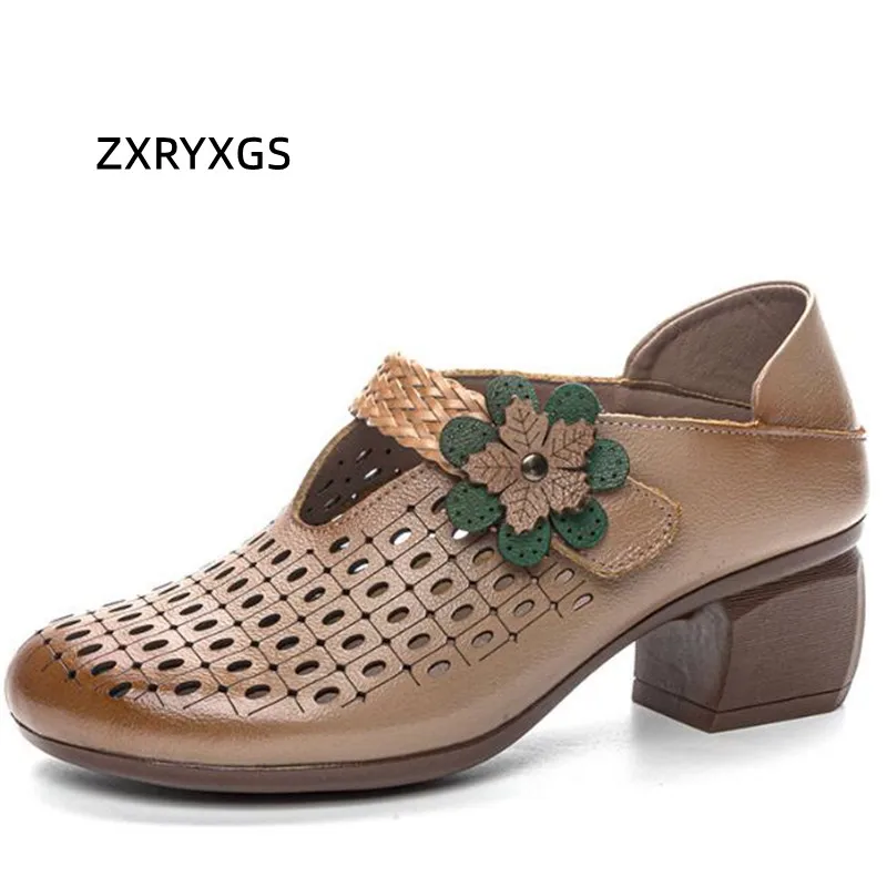 ZXRYXGS Top Layer Cowhide Flower Colored Punched Shoes Woman Fashion Sandals 2024 Summer New Women's Leather Sandals Thick Heel