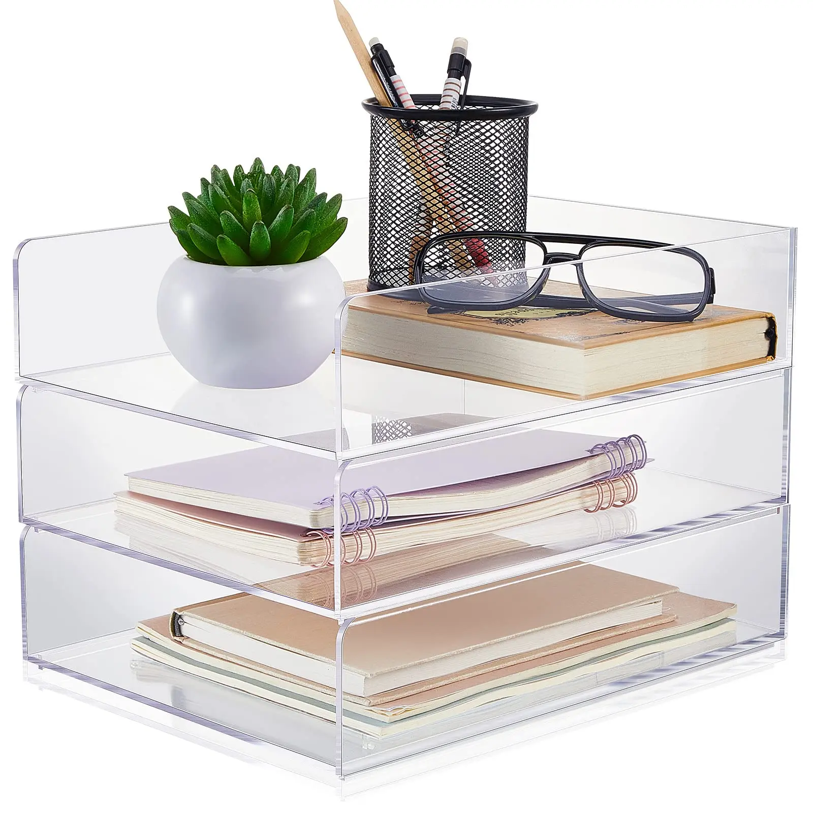 

Acrylic Desk Organizers and Accessories Tier Paper File Organizer Tray Stackable Document Clear Desk Accessories for Office