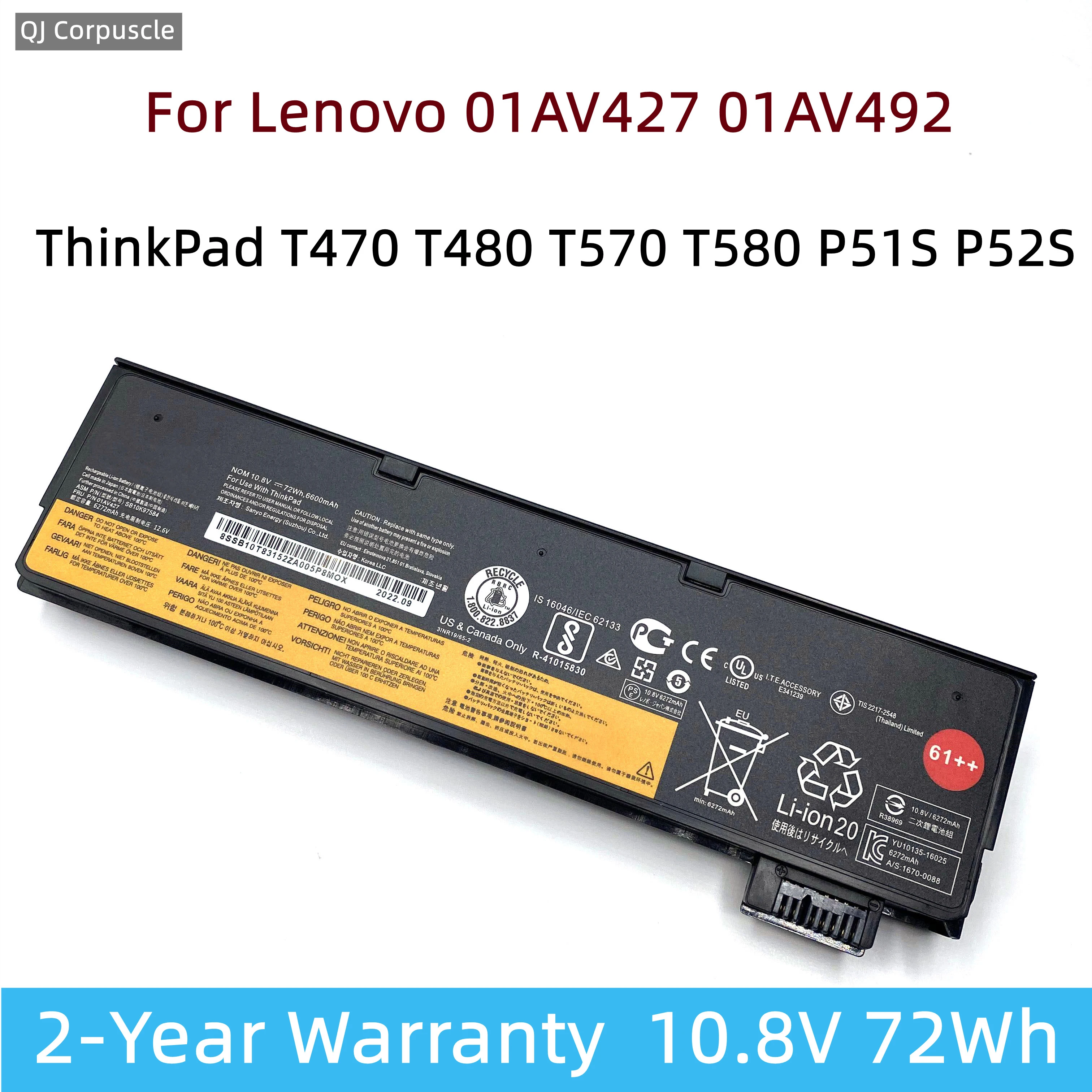 

New Original 01AV427 72Wh Laptop Battery For Lenovo ThinkPad T470 T480 T570 T580 P51S P52S 01AV428 01AV492 01AV423 SB10K97584