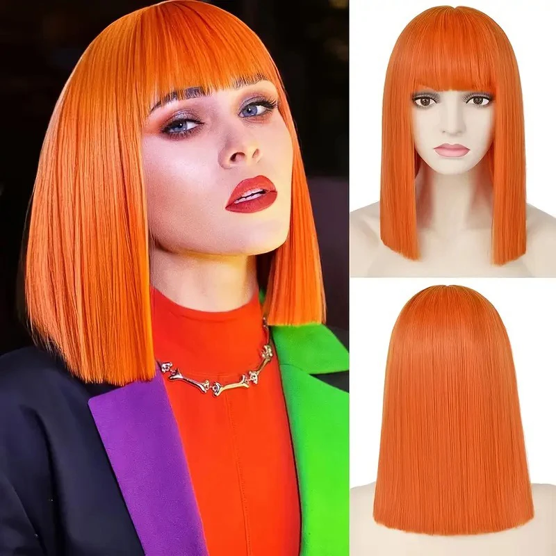 Strój sceniczny dla barowej z kolorowymi włosami do ramion, nakrycie głowy, imitacja fryzury bob, krótka prosta fryzura dla kobiety na bal.