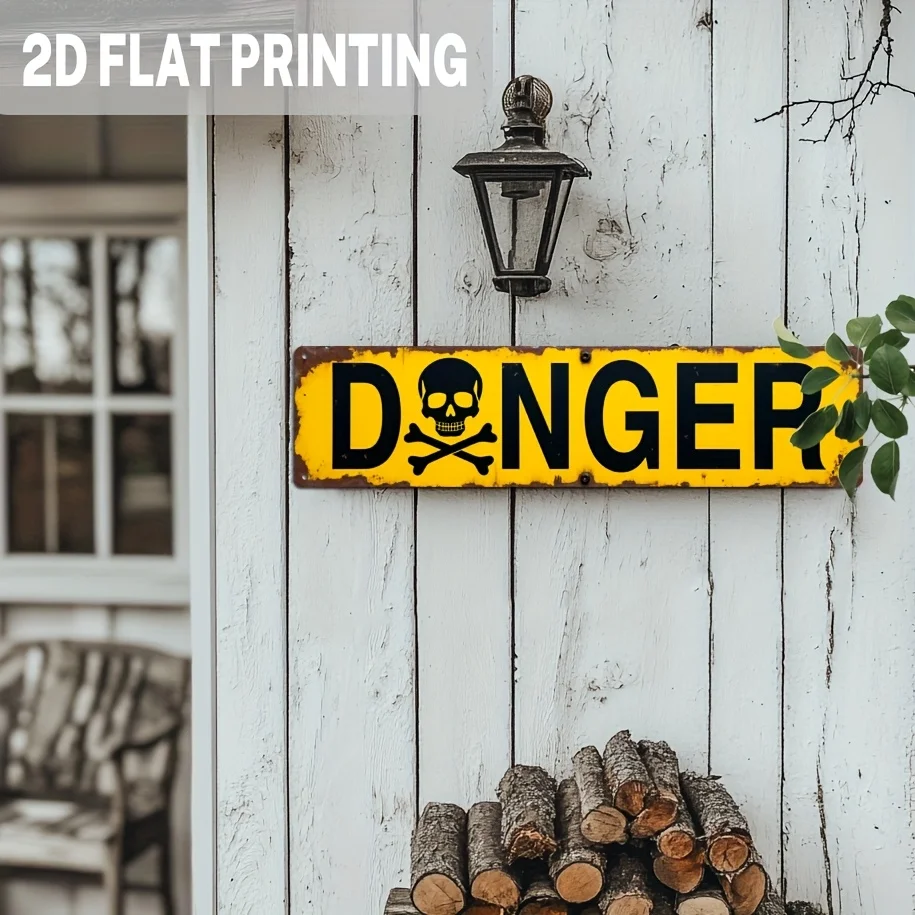 2D Flat, 1pc Vintage Metal Rustic Danger Skull & Crossbones Metal Sign - Wall Hanging Decor for Garage, Workshop, for Man Cave