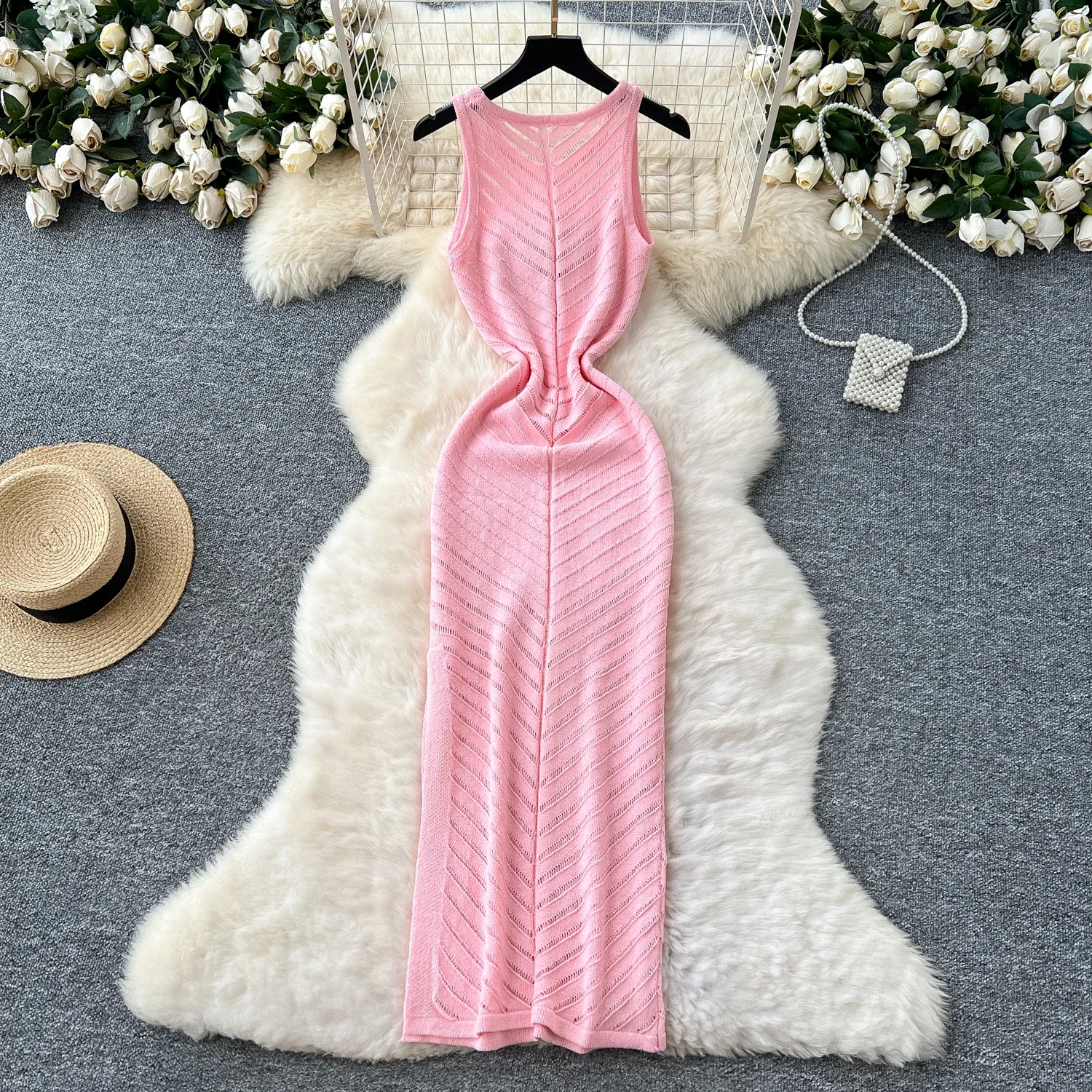 REALEFT ฤดูร้อน Elegant Hollow OUT ผู้หญิงถักชุด 2025 ใหม่แขนกุด O-คอลําลองด้านข้างแยกชุดหญิง