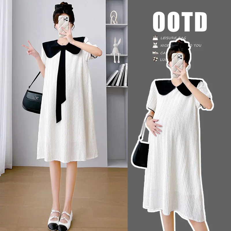 

2025 Summer Maternity Dress - Oversized Bow Collar Inspired Dress for Pregnant Women, Luxe Contrast Trim Loose Dress