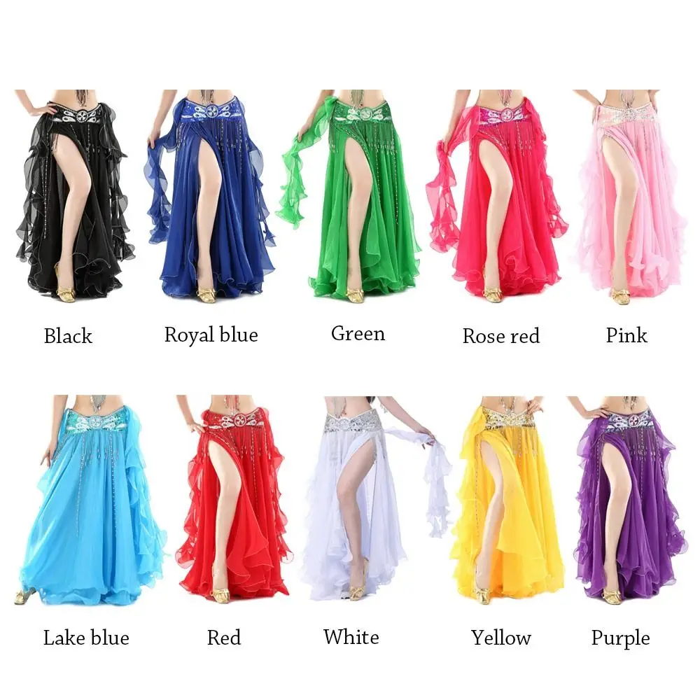 Belly Dancing Skirt Women Chiffon Spanish Skirt Shiny Sequins Tassels Dancing Skirt Show Costumes