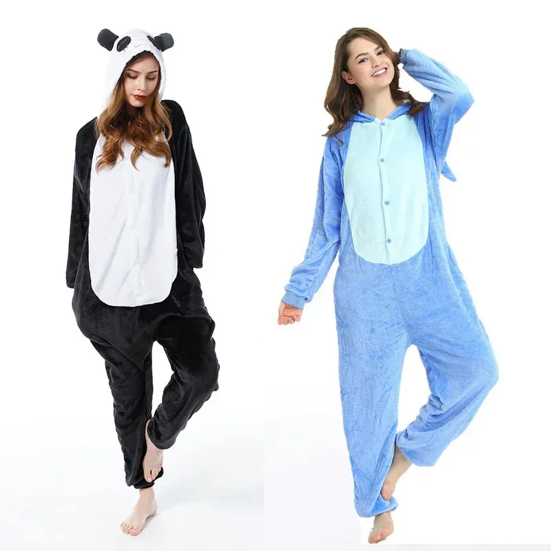 Adults Kigurumi Onesie Couple Flannel Sleepwear Unisex Stitch Cartoon Animal Pajamas Set Winter Warm Flannel Hooded Pajama Women